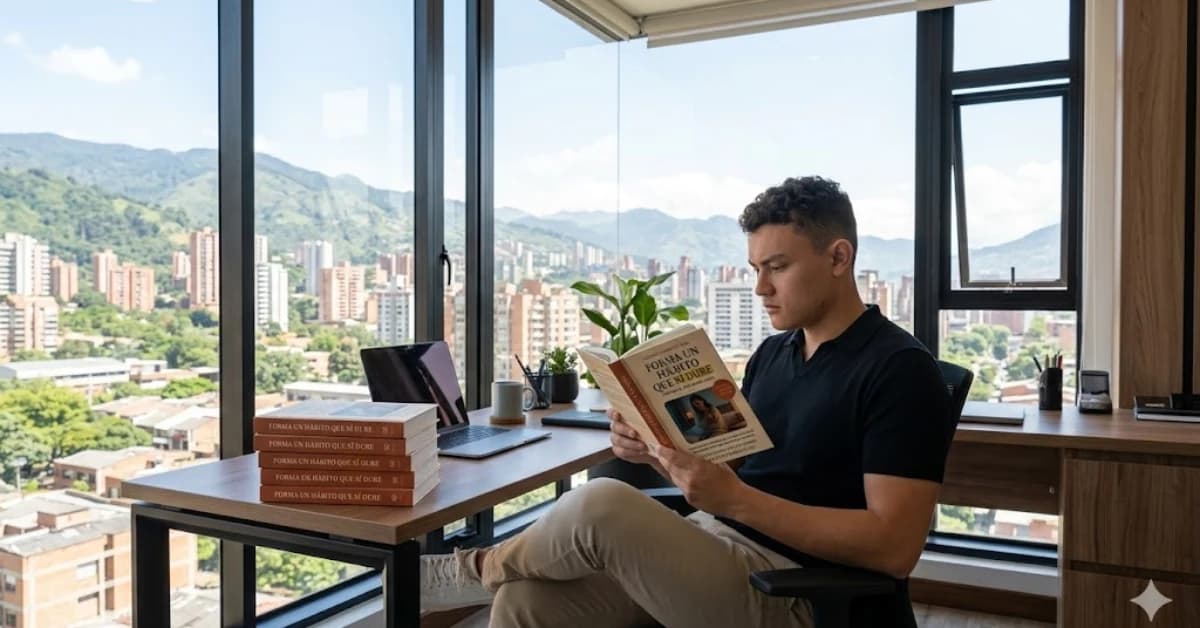 Juan Pablo Bermúdez leyendo en su oficina con vista a Medellín — viviendo el método